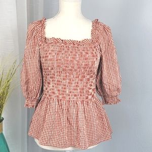 Max Studio Buffalo Plaid Smocked Blouse